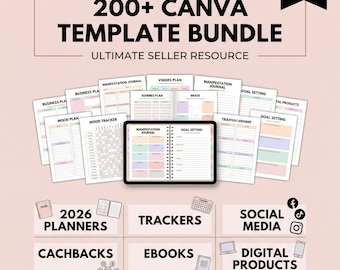 Paquete de más de 200 plantillas PLR de Canva / Plantillas editables para agendas y seguimiento / Paquete de productos digitales con derechos PLR MRR incluidos