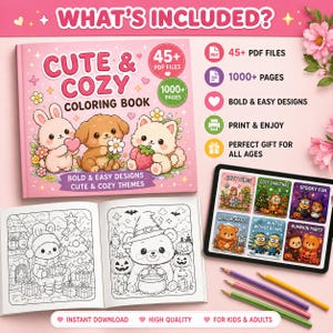 Pode incluir: Um livro para colorir rosa intitulado "Cute & Cozy Coloring Book" com ilustra&ccedil;&otilde;es de animais de desenho animado. O livro inclui mais de 45 arquivos PDF e mais de 1000 p&aacute;ginas. A imagem tamb&eacute;m mostra um tablet com p&aacute;ginas para colorir e l&aacute;pis de cor.