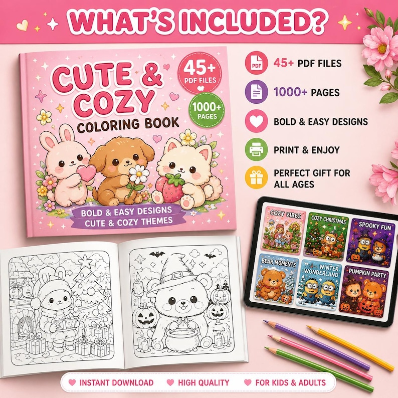 Pode incluir: Um livro para colorir rosa intitulado "Cute & Cozy Coloring Book" com ilustra&ccedil;&otilde;es de animais de desenho animado. O livro inclui mais de 45 arquivos PDF e mais de 1000 p&aacute;ginas. A imagem tamb&eacute;m mostra um tablet com p&aacute;ginas para colorir e l&aacute;pis de cor.