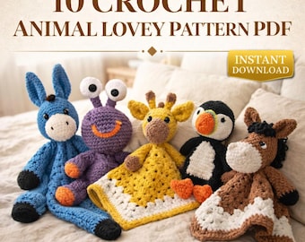Crochet Animal Lovey Pattern PDF, Giraffe Penguin Horse Security Blanket, Baby Comforter, Amigurumi Blanket Toy, Digital Download