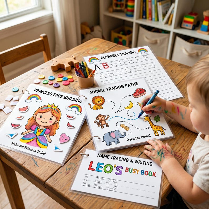May include: A set of educational activity sheets including Princess Face Building, Animal Tracing Paths, and Name Tracing & Writing. The pages feature colorful illustrations of a princess, animals, and letters, with a blue marker used for tracing.