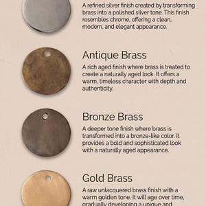 Puede incluir: Imagen que muestra cuatro acabados met&aacute;licos circulares: plata, lat&oacute;n antiguo, lat&oacute;n bronce y lat&oacute;n dorado. Cada acabado se describe con texto, destacando sus tonos y apariencias &uacute;nicas. La marca "Cellamora" est&aacute; en la parte superior.