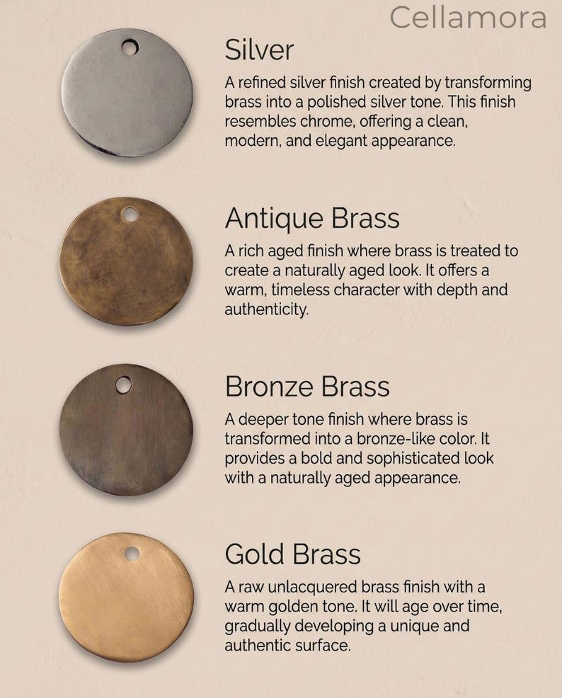 Puede incluir: Imagen que muestra cuatro acabados met&aacute;licos circulares: plata, lat&oacute;n antiguo, lat&oacute;n bronce y lat&oacute;n dorado. Cada acabado se describe con texto, destacando sus tonos y apariencias &uacute;nicas. La marca "Cellamora" est&aacute; en la parte superior.