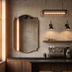 Brass scalloped mirror in industrial kitchen setting