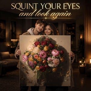 Puede incluir: Una pareja sostiene un lienzo con un vibrante arreglo floral de flores rojas, rosas, amarillas y blancas. El lienzo está adornado con mariposas. El texto en la parte superior dice: "SQUINT YOUR EYES and look again."