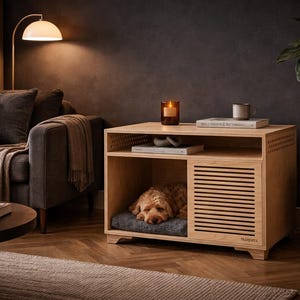 Può includere: Una cuccia per cani in legno chiaro con un cane che dorme all'interno. La cuccia ha un ripiano sopra con una candela e dei libri. Il letto per cani è grigio. La cuccia è in un soggiorno.