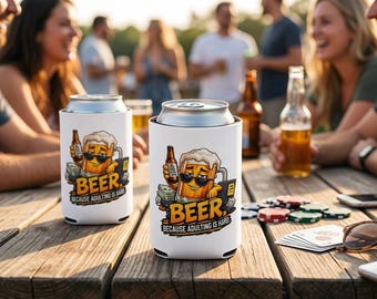 Beer Because Adulting Is Hard Can Cooler | Beverage Koozie, Funny Beer Design