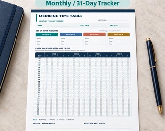 Monthly Medication Tracker Printable | 31 Day Medicine Schedule | Pill Tracker | Medication Log | Caregiver Planner | Instant PDF Download