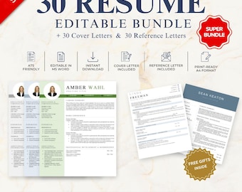30 ATS-Friendly Resume Templates Bundle | Editable Word, Cover & Reference Letters (Grey/Sky/Olive)