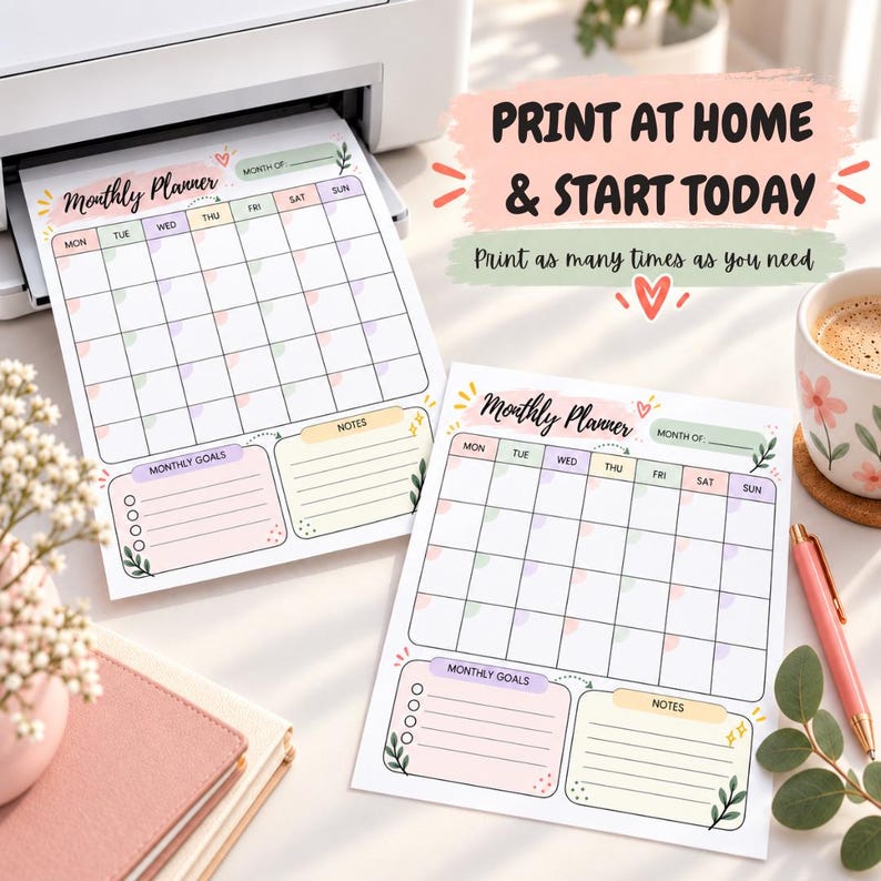 Monthly Pastel Floral Planner Printable | Undated Goals & Notes ...