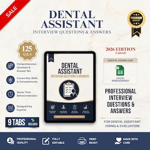 Puede incluir: Una descarga digital para preguntas y respuestas de entrevistas de asistente dental, edición 2026. La pantalla de la tableta muestra el título, un icono de portapapeles y 125 preguntas y respuestas. Incluye 9 pestañas, una hoja de cálculo Excel y texto editable y listo para imprimir.