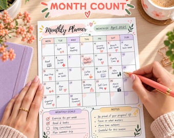 Monthly Pastel Floral Planner Printable | Undated Goals & Notes | Instant PDF Download and Print