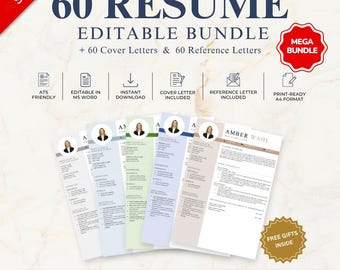 60 ATS Resume Templates Bundle | Editable Word, Cover & Reference Letters (Instant Download)