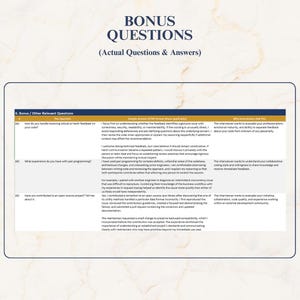 May include: A document titled BONUS QUESTIONS (Actual Questions & Answers) featuring a table with three columns labeled #, The Question, Sample Answer (STAR format where applicable), and Why Interviewers Ask This, containing rows 101, 102, and 103.