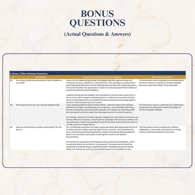 May include: A document titled BONUS QUESTIONS (Actual Questions & Answers) featuring a table with three columns labeled #, The Question, Sample Answer (STAR format where applicable), and Why Interviewers Ask This, containing rows 101, 102, and 103.