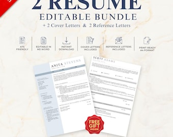 2-in-1 ATS Resume Templates | Editable Word Bundle | Cover & Reference Letters | Instant Download – (Sky/Grey)