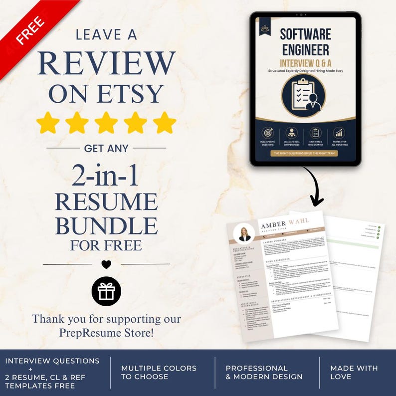 May include: A promotional graphic featuring a tablet displaying a Software Engineer Interview Q & A guide, alongside a resume template. Text includes LEAVE A REVIEW ON ETSY, GET ANY 2-in-1 RESUME BUNDLE FOR FREE, and Thank you for supporting our PrepResume Store.