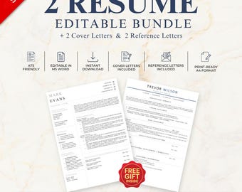 2-in-1 ATS Resume Templates | Editable Word Bundle | Cover & Reference Letters | Instant Download – (Grey/Navy)