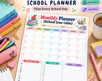 Monthly School Planner Printable | Undated Student Calendar, Classroom Schedule with Important Dates, To-Do & Notes | Instant PDF Download