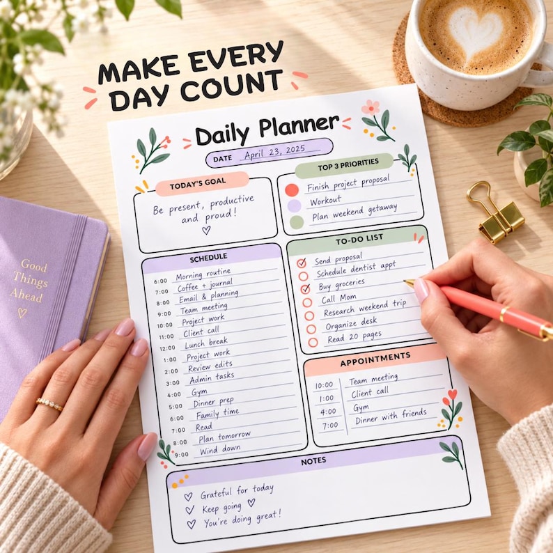 Daily Pastel Floral Planner Printable | Hourly Schedule, To-do List ...