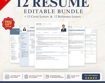 12 ATS Resume Templates | Editable Word Bundle | Cover & Reference Letters | Instant Download – (Sky)