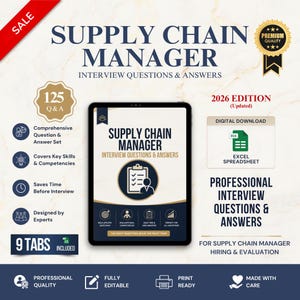Peut inclure: Un téléchargement numérique pour les questions et réponses d'entretien de responsable de la chaîne logistique, édition 2026. Le graphique montre une tablette avec le titre, un badge 125 Q&R, une icône Excel et neuf onglets sur fond marbré.