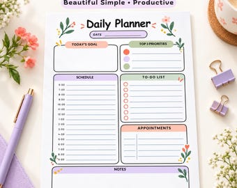 Daily Pastel Floral Planner Printable | Hourly Schedule, To-Do List, Appointments | Instant PDF Download and Print