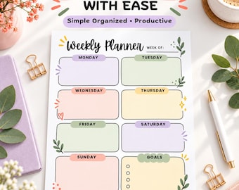 Weekly Pastel Floral Planner Printable | Undated Goals Organizer | Instant PDF Download and Print