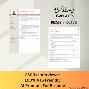 Peut inclure: Deux modèles de CV, un beige et un vert olive, sont présentés. Le modèle beige affiche le nom "AMBER WAHL". Le modèle vert olive affiche "LINDA FREEMAN". Le texte sur l'image indique "2-in-1 TEMPLATES" et "2500+ Interviews*"