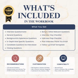 May include: An informational graphic titled WHAT'S INCLUDED IN THE WORKBOOK with a gold premium quality seal. It lists interview resources including questionnaires, checklists, and email templates, plus sections for recommendations, customization, and compatibility.
