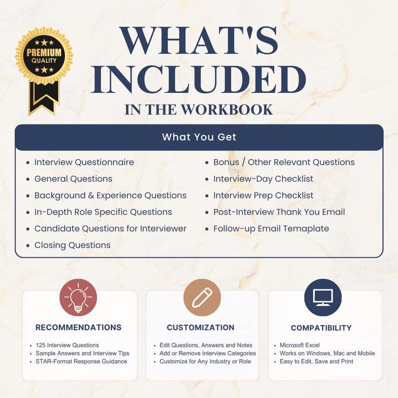 May include: An informational graphic titled WHAT'S INCLUDED IN THE WORKBOOK with a gold premium quality seal. It lists interview resources including questionnaires, checklists, and email templates, plus sections for recommendations, customization, and compatibility.