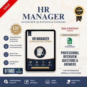 Puede incluir: Un documento digital titulado HR Manager Interview Questions & Answers 2026 Edition. El diseño incluye una tableta que muestra la portada, una insignia dorada de calidad premium, un icono de descarga para hoja de cálculo Excel y 9 pestañas.