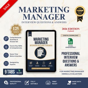 May include: A digital marketing manager interview guide featuring 125 questions and answers for 2026. The document includes an Excel spreadsheet, 9 tabs, and is fully editable. It is presented on a tablet screen with professional text and icons.
