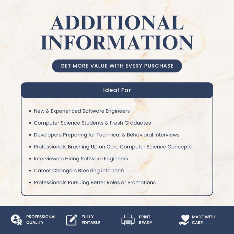 May include: A digital information graphic with a marble-textured background. The text reads: ADDITIONAL INFORMATION, GET MORE VALUE WITH EVERY PURCHASE, Ideal For, New & Experienced Software Engineers, Computer Science Students & Fresh Graduates, Developers Preparing for Technical & Behavioral Interviews, Professionals Brushing Up on Core Computer Science Concepts, Interviewers Hiring Software Engineers, Career Changers Breaking into Tech, Professionals Pursuing Better Roles or Promotions. Bottom icons include PROFESSIONAL QUALITY, FULLY EDITABLE, PRINT READY, MADE WITH CARE.