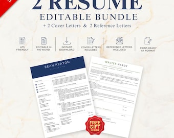 2-in-1 ATS Resume Templates | Editable Word Bundle | Cover & Reference Letters | Instant Download – (Navy/Olive)