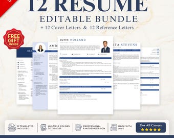 12 ATS Resume Templates | Editable Word Bundle | Cover & Reference Letters | Instant Download – (Navy)