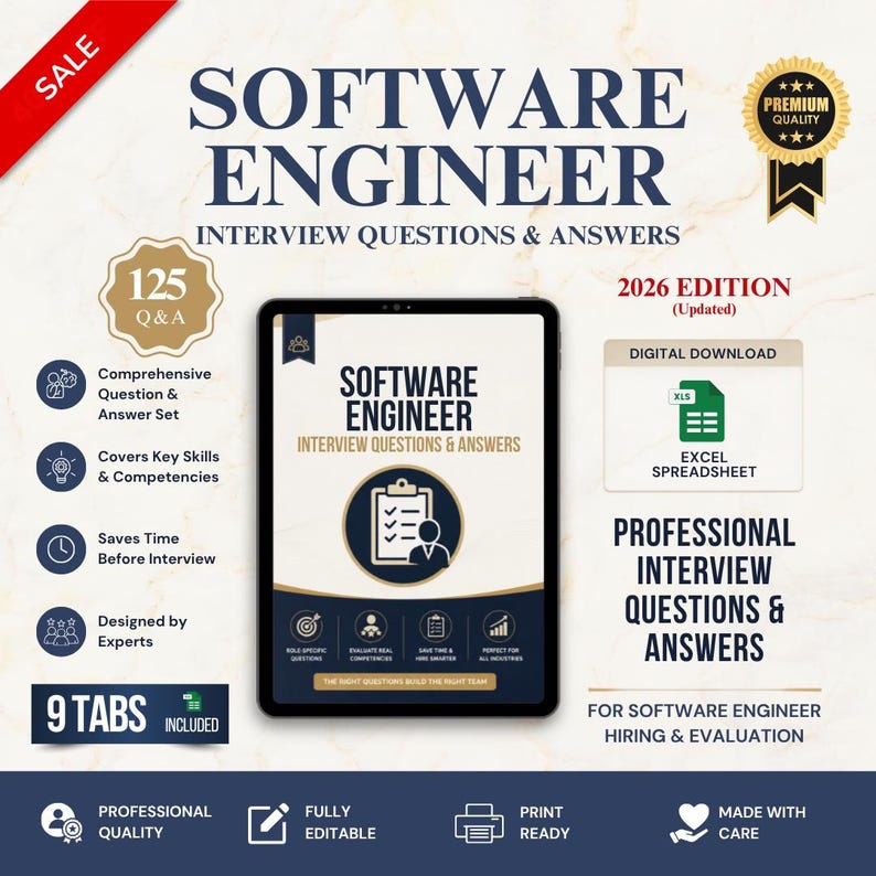 May include: A digital download for Software Engineer Interview Questions & Answers, 2026 Edition. The document features 125 Q&A, 9 tabs, and an Excel spreadsheet. It includes professional quality, fully editable, and print-ready features for hiring.