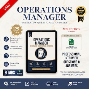 Peut inclure: Un guide numérique d'entretien pour responsable des opérations avec 125 questions et réponses. Il inclut l'édition 2026, un tableur Excel et 9 onglets. Le design présente du texte bleu marine et doré sur un fond clair avec des icônes.