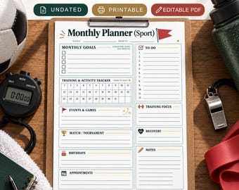 Monthly Sports Planner Printable | Athlete Training Tracker, Game Schedule, Goals & Recovery Planner | Instant PDF Download and Print