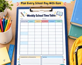 Weekly School Timetable Printable | Kids Class Schedule, Student Planner with Homework & Notes | Instant PDF Download and Print