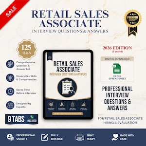 Puede incluir: Una descarga digital para preguntas y respuestas de entrevista para asociado de ventas minoristas, edición 2026. El documento incluye 125 preguntas y respuestas, una hoja de cálculo de Excel con 9 pestañas y contenido profesional y editable.