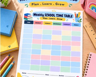 Weekly Printable School Timetable | Kids Weekly Class Schedule, Weekly School Time Table, Classroom Homeschool Planner | Instant Download