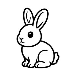 Puede incluir: Ilustración de dibujos animados en blanco y negro de un conejo sentado. El conejo tiene orejas grandes, un cuerpo redondo y una cola pequeña y esponjosa. Los ojos son grandes y negros, con una boca pequeña y curvada.