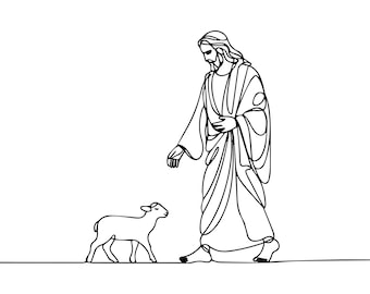 May include: A black and white line drawing shows a figure in robes, with long hair and a beard, walking beside a lamb. The image is a minimalist representation of a religious theme, rendered in a single continuous line.