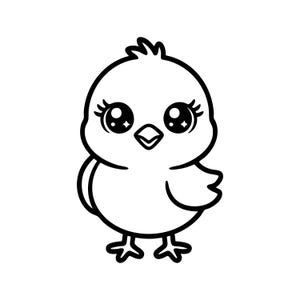 May include: A black and white cartoon illustration of a chick. The chick has large, expressive eyes with eyelashes, a small beak, and a fluffy head. The chick is standing upright with its wings at its sides.