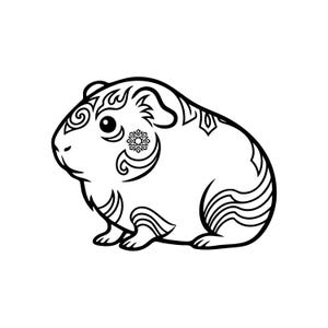 May include: Black and white illustration of a guinea pig with decorative swirls and a snowflake design. The guinea pig is depicted in a side profile, showcasing its rounded body and small feet. The artwork is detailed and clean.