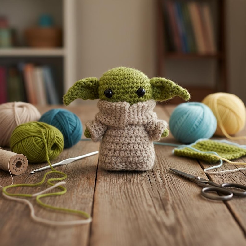 May include: A handmade crochet figure of a character with large ears, wearing a tan robe. The figure is on a wooden surface with yarn balls in green, blue, and yellow, along with a crochet hook and scissors.