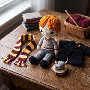 May include: A crocheted doll with orange hair, wearing a gray sweater and pants with black shoes. Included are a maroon and yellow striped scarf, a black cardigan with a small emblem, and a small gray crocheted mouse figure.