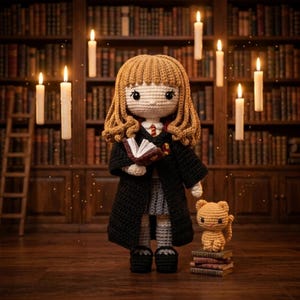 Pode incluir: Uma boneca de crochê com cabelo castanho claro, vestindo uma túnica preta sobre uma saia cinza e camisa branca com gravata vermelha e dourada, segurando um livro aberto. Um pequeno gato laranja de crochê está sentado sobre três livros.