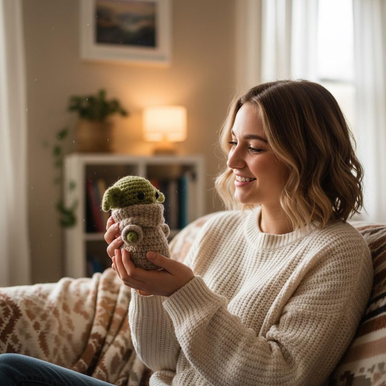 May include: A handmade crochet doll of a character with large ears and a tan and green color scheme. The doll is held in a person's hands. The doll is wearing a tan outfit with green accents. The background is a cozy living room setting.